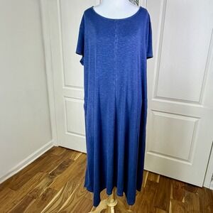 J Jill Maxi Dress Womens XL Blue Lagenlook Casual Linen Lyocel Stretch Pockets!